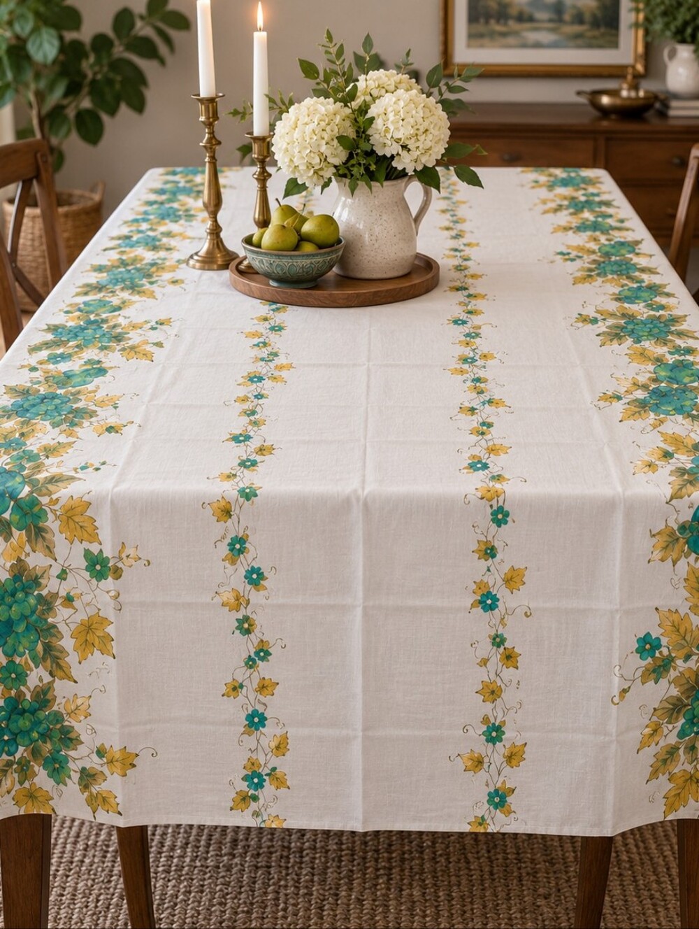 Vintage Teal & Mustard Fruit Floral Tablecloth – Approx. 76" x 108"